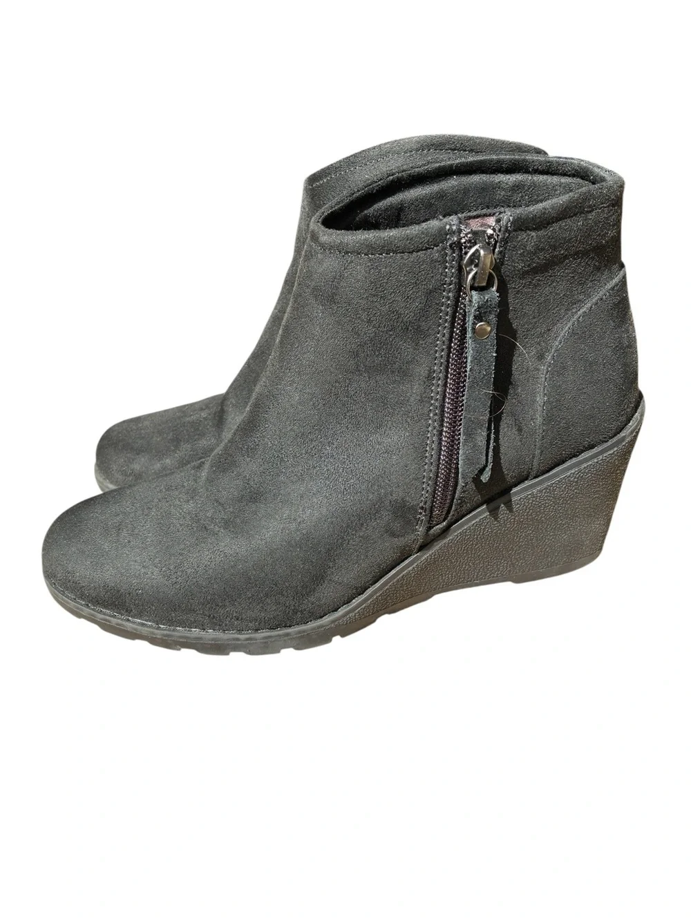 Bobs by Skechers, Tumble Weed, Black Suede Wedge Booties, Zip Up, Size 8